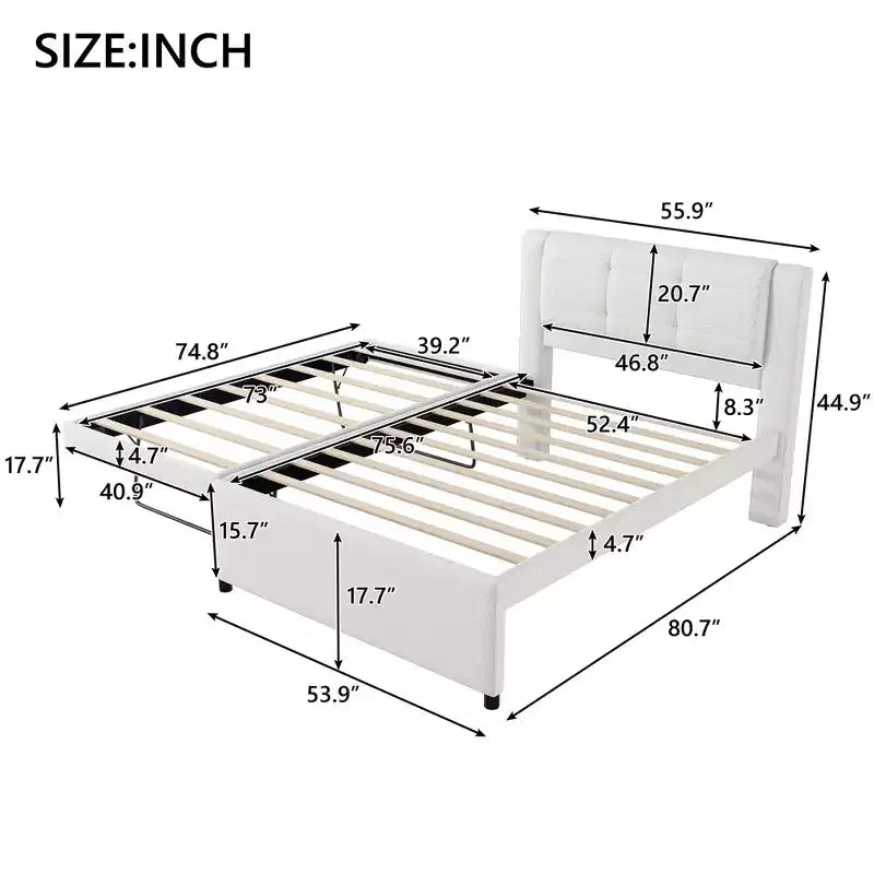 Letto a piattaforma moderno full-size in lino con testiera e letto estraibile