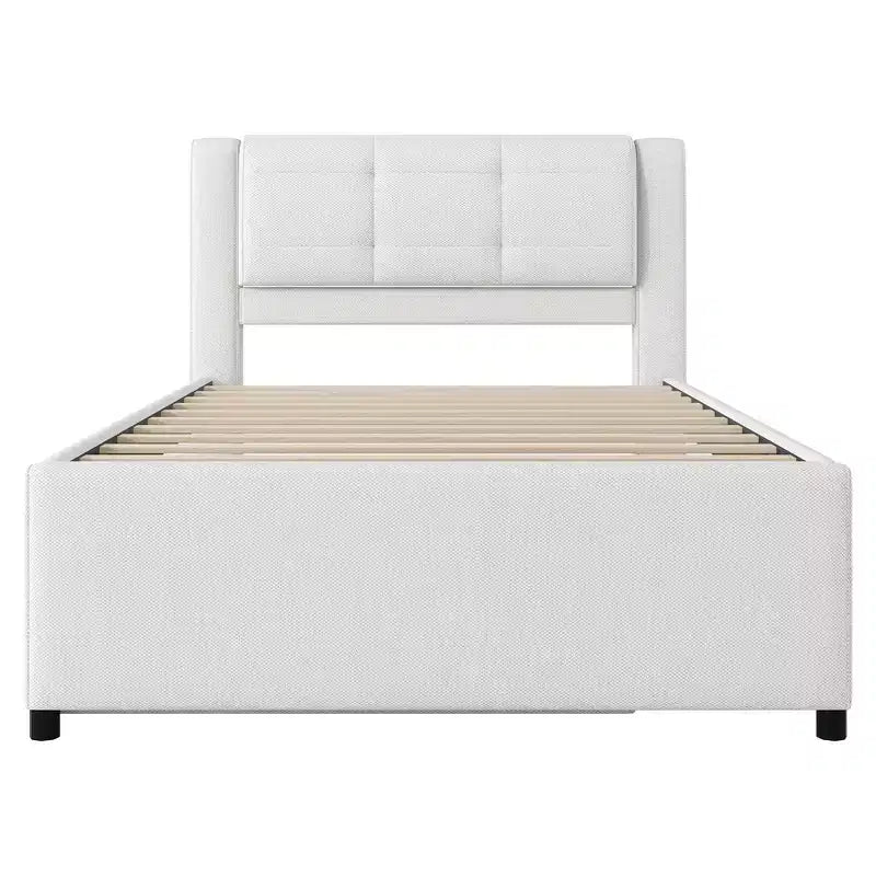 Letto a piattaforma moderno full-size in lino con testiera e letto estraibile