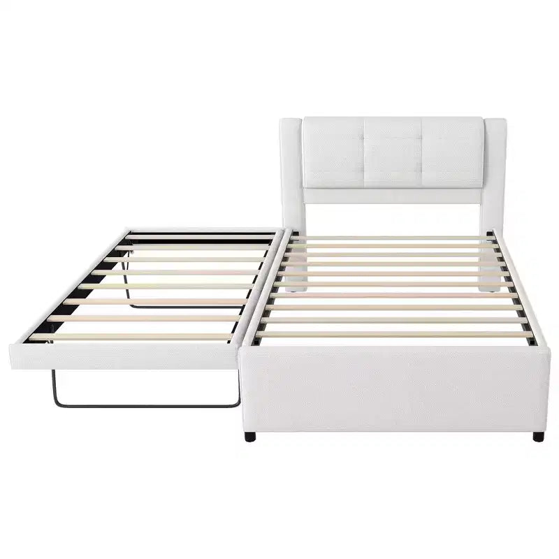 Letto a piattaforma moderno full-size in lino con testiera e letto estraibile