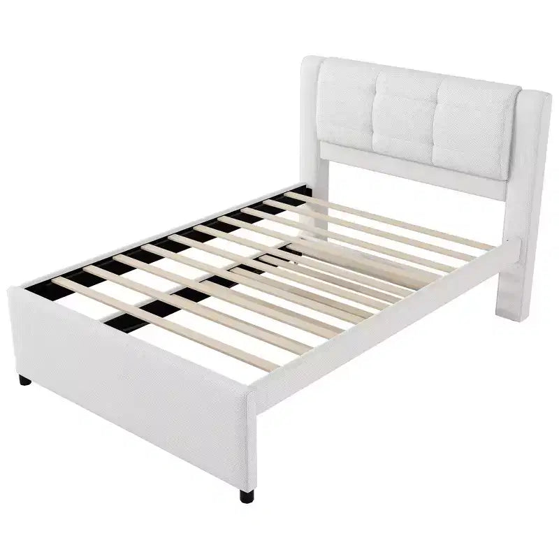 Letto a piattaforma moderno full-size in lino con testiera e letto estraibile