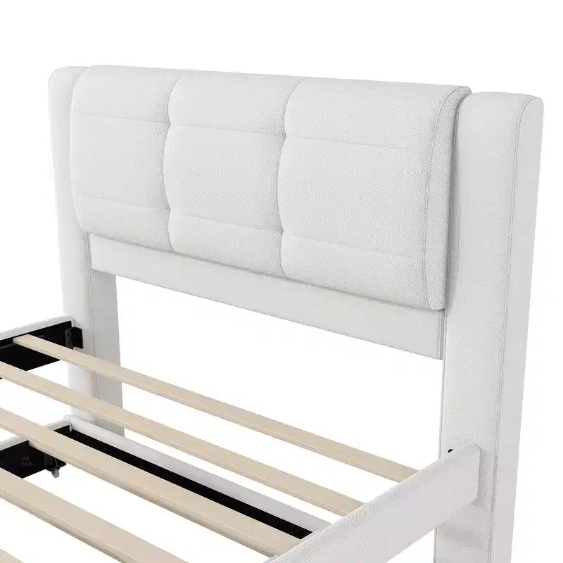 Letto a piattaforma moderno full-size in lino con testiera e letto estraibile