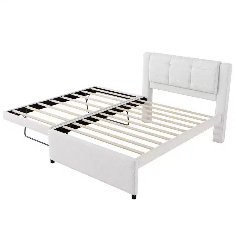 Letto a piattaforma moderno full-size in lino con testiera e letto estraibile