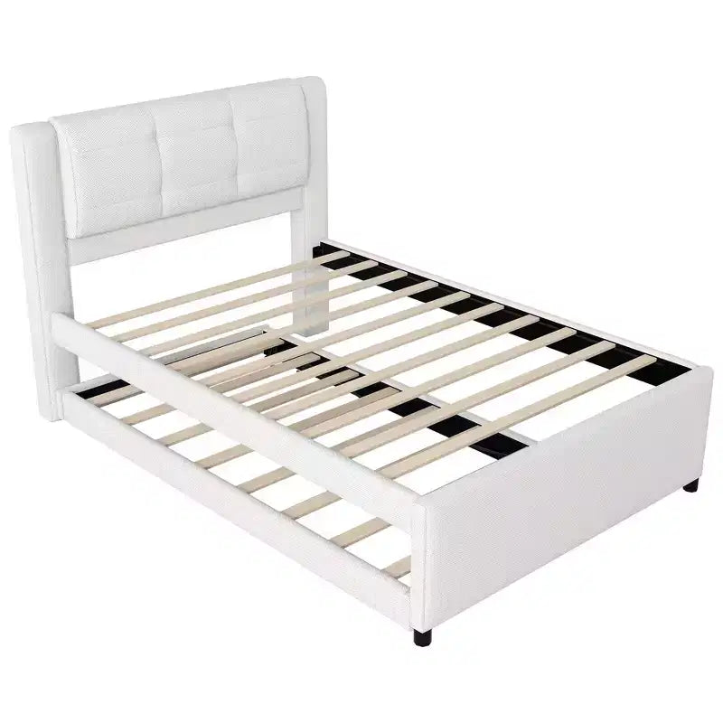 Letto a piattaforma moderno full-size in lino con testiera e letto estraibile