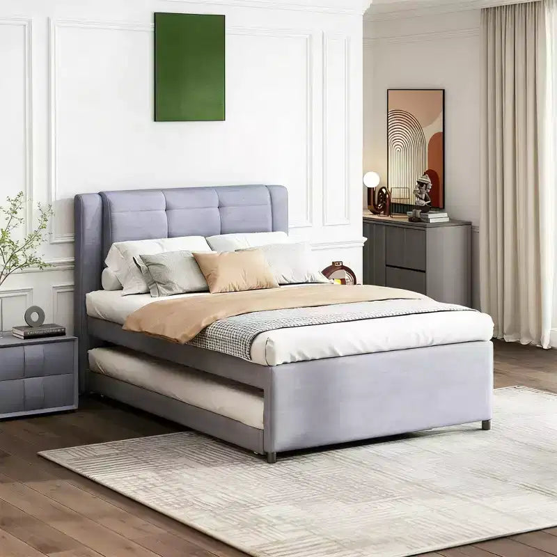 Letto a piattaforma moderno full-size in lino con testiera e letto estraibile