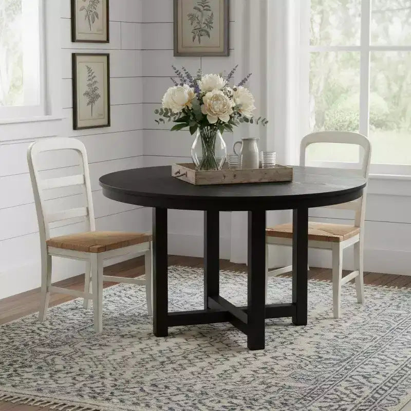 Tavolo da pranzo rotondo in legno massello da 45" con base a gambe incrociate, nero