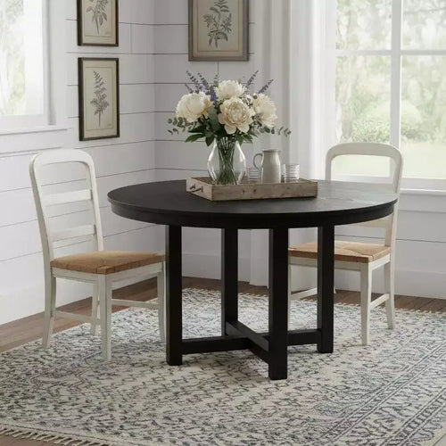 Tavolo da pranzo rotondo in legno massello da 45" con base a gambe incrociate, nero