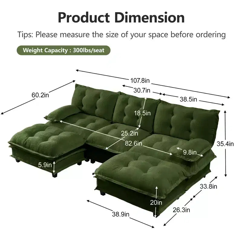 Divano componibile a U da 107" in ciniglia con chaise longue