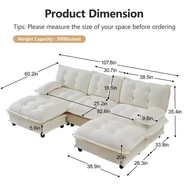 Divano componibile a U da 107" in ciniglia con chaise longue