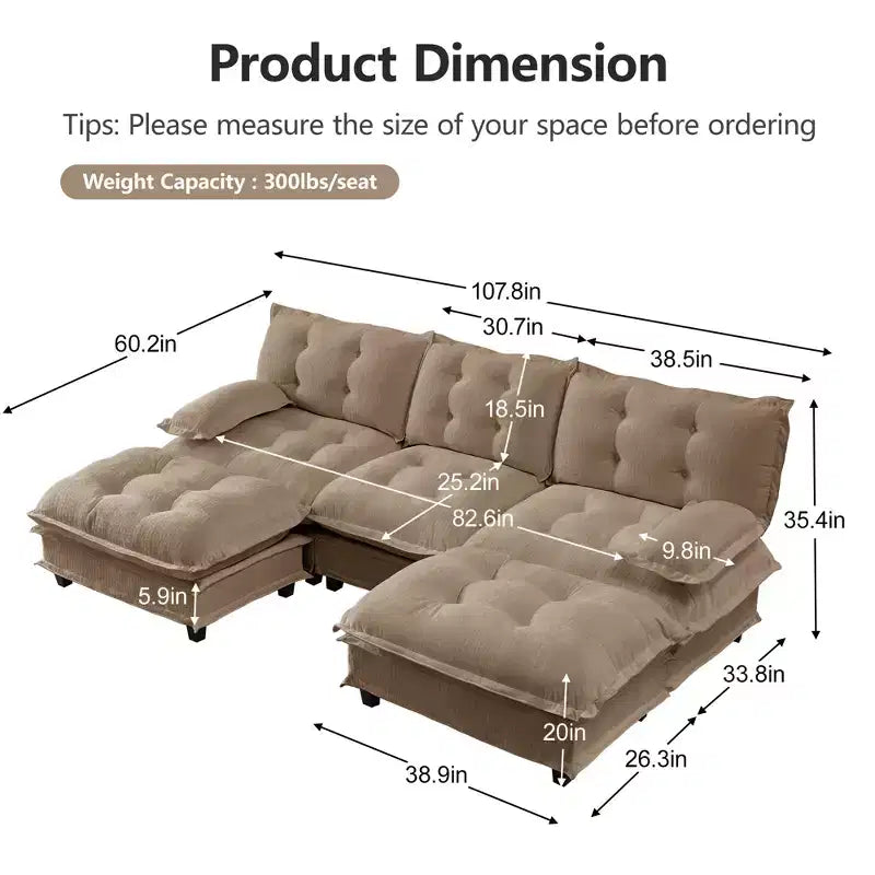 Divano componibile a U da 107" in ciniglia con chaise longue