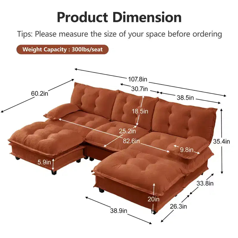 Divano componibile a U da 107" in ciniglia con chaise longue