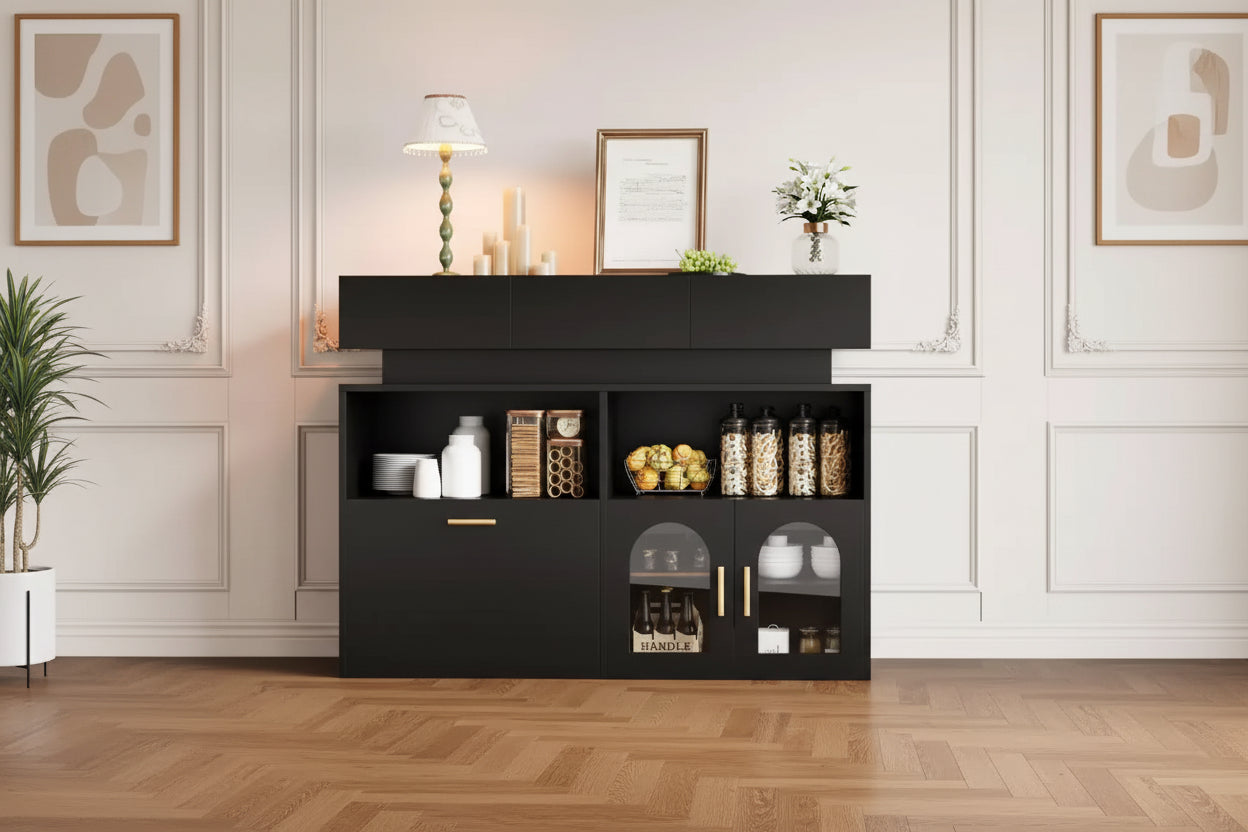 COZONY 55 Coffee Bar Cabinet with 3 Drawers & Charging Station, Kitchen Sideboard Buffet with Adjustable Shelf