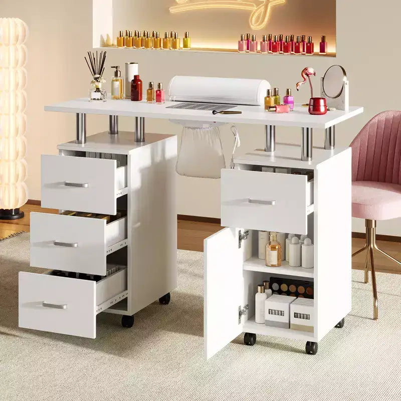 Tavolo da manicure, postazione unghie con aspiratore, ruote bloccabili, cuscino poggia polsi e contenitore per casa, nail artist e salone di bellezza