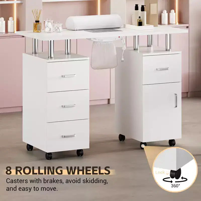 Tavolo da manicure, postazione unghie con aspiratore, ruote bloccabili, cuscino poggia polsi e contenitore per casa, nail artist e salone di bellezza