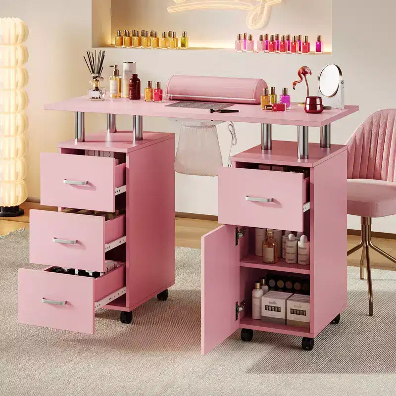Tavolo da manicure, postazione unghie con aspiratore, ruote bloccabili, cuscino poggia polsi e contenitore per casa, nail artist e salone di bellezza