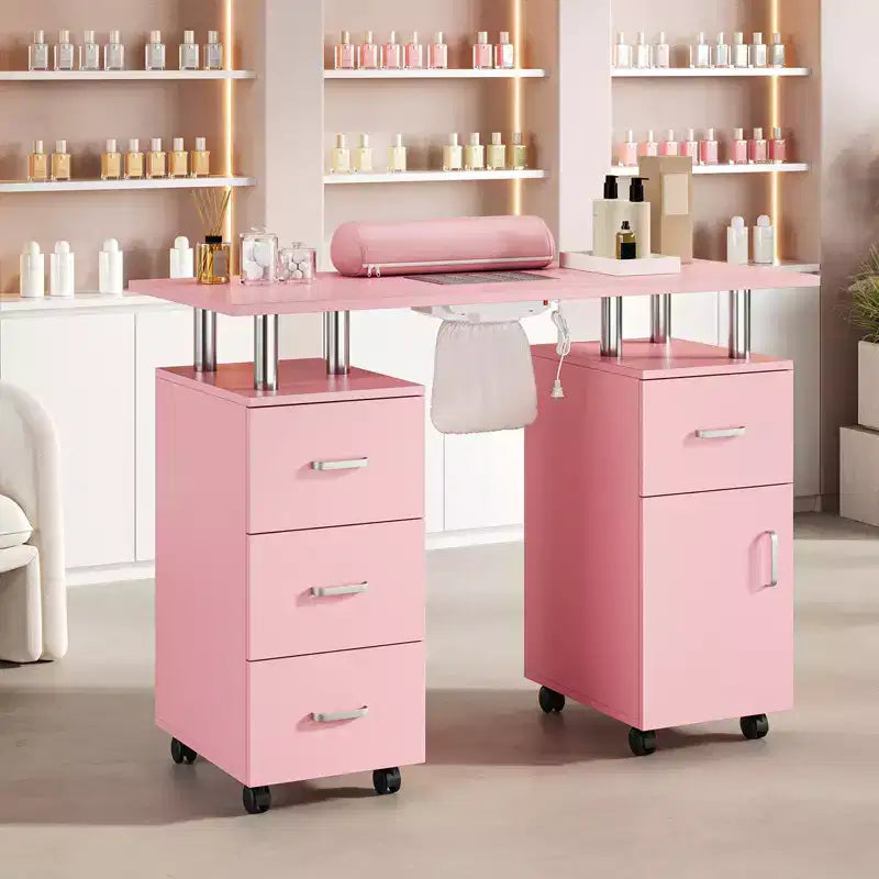Manicure Table Nail Desk Station with Dust Collector, Locking Castors, Wrist Cushion & Storage for Home, Nail Tech & Beauty Salon