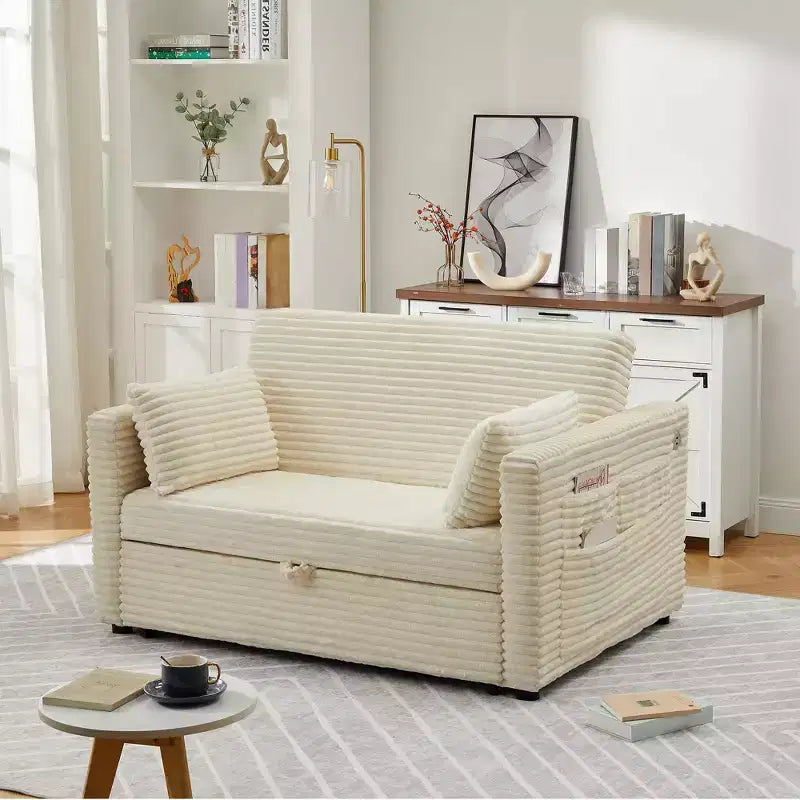 Divano Letto Estraibile 55", Divano Letto Reversibile Imbottito, Divano a Due Posti in Velluto a Coste con Seduta Profonda e Tasche Laterali per Soggiorno Appartamento