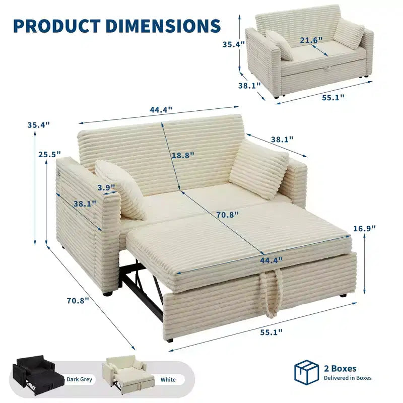Divano Letto Estraibile 55", Divano Letto Reversibile Imbottito, Divano a Due Posti in Velluto a Coste con Seduta Profonda e Tasche Laterali per Soggiorno Appartamento