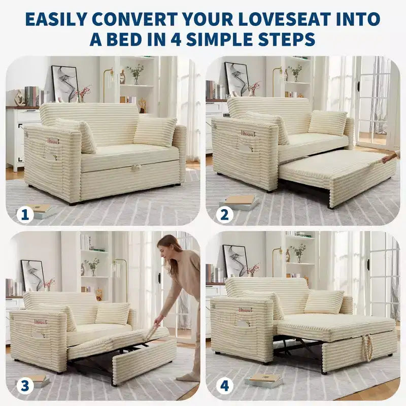 Divano Letto Estraibile 55", Divano Letto Reversibile Imbottito, Divano a Due Posti in Velluto a Coste con Seduta Profonda e Tasche Laterali per Soggiorno Appartamento