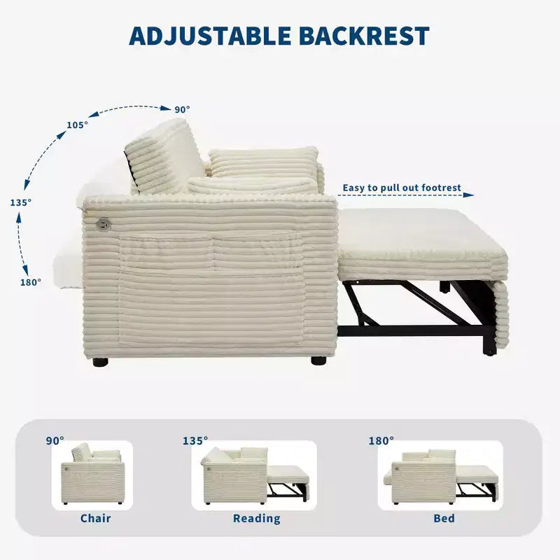 Divano Letto Estraibile 55", Divano Letto Reversibile Imbottito, Divano a Due Posti in Velluto a Coste con Seduta Profonda e Tasche Laterali per Soggiorno Appartamento