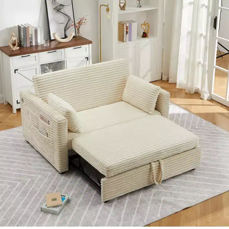 Divano Letto Estraibile 55", Divano Letto Reversibile Imbottito, Divano a Due Posti in Velluto a Coste con Seduta Profonda e Tasche Laterali per Soggiorno Appartamento