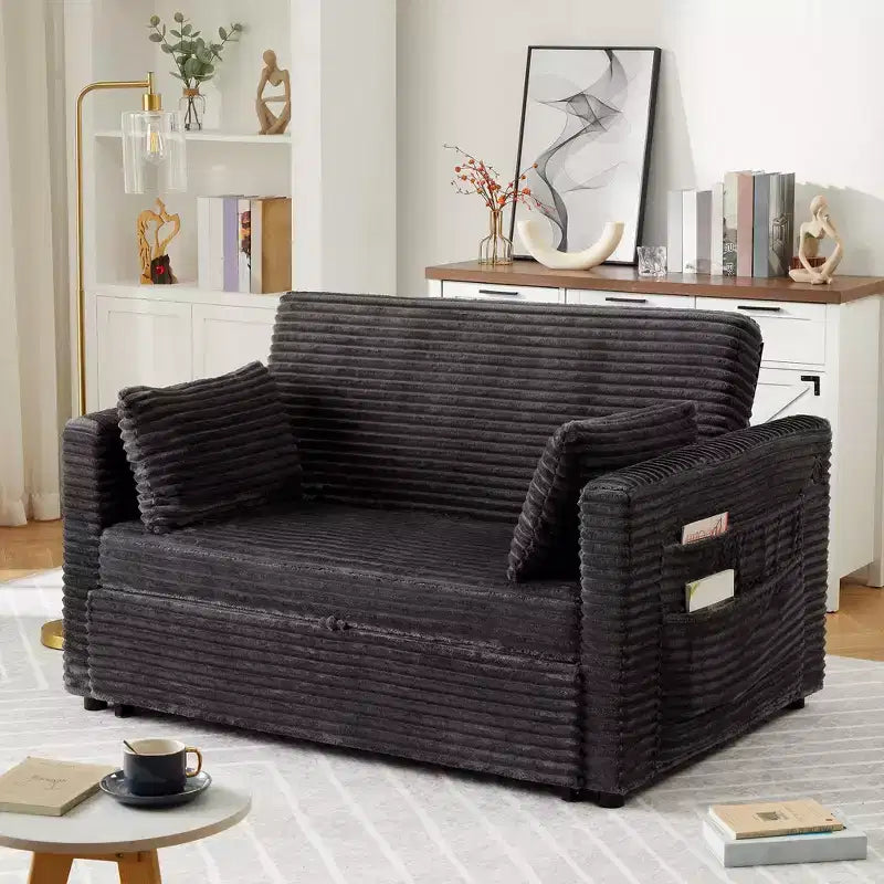 Divano Letto Estraibile 55", Divano Letto Reversibile Imbottito, Divano a Due Posti in Velluto a Coste con Seduta Profonda e Tasche Laterali per Soggiorno Appartamento