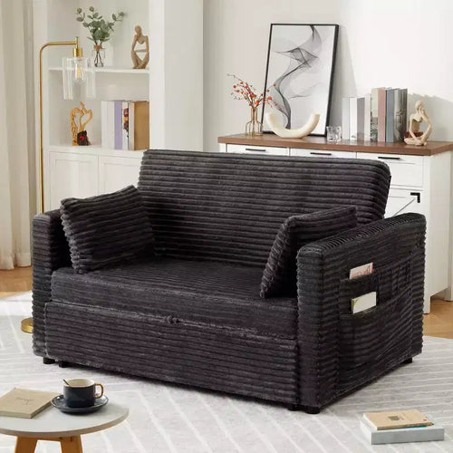 Divano Letto Estraibile 55", Divano Letto Reversibile Imbottito, Divano a Due Posti in Velluto a Coste con Seduta Profonda e Tasche Laterali per Soggiorno Appartamento