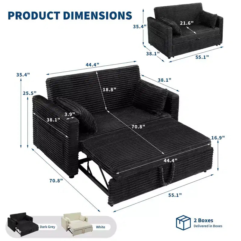 Divano Letto Estraibile 55", Divano Letto Reversibile Imbottito, Divano a Due Posti in Velluto a Coste con Seduta Profonda e Tasche Laterali per Soggiorno Appartamento