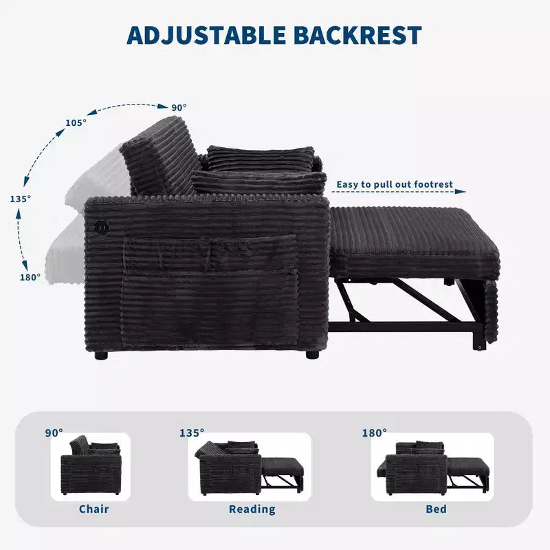 Divano Letto Estraibile 55", Divano Letto Reversibile Imbottito, Divano a Due Posti in Velluto a Coste con Seduta Profonda e Tasche Laterali per Soggiorno Appartamento