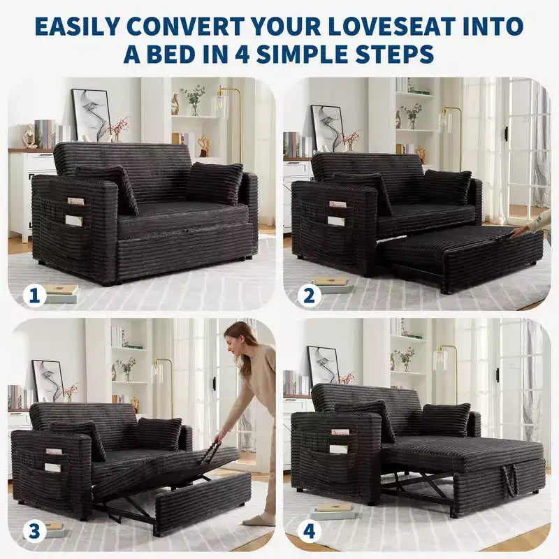 Divano Letto Estraibile 55", Divano Letto Reversibile Imbottito, Divano a Due Posti in Velluto a Coste con Seduta Profonda e Tasche Laterali per Soggiorno Appartamento