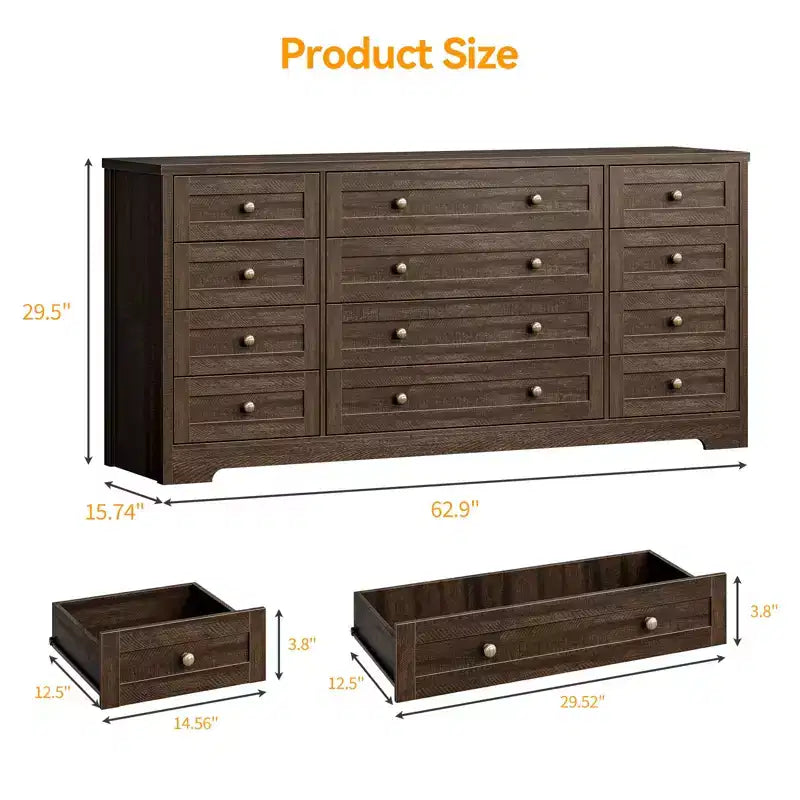 Cassettiere in legno resistenti con 12 cassetti, comò moderno per camera da letto, soggiorno o corridoio, mobile TV da 63" di larghezza per TV fino a 65"