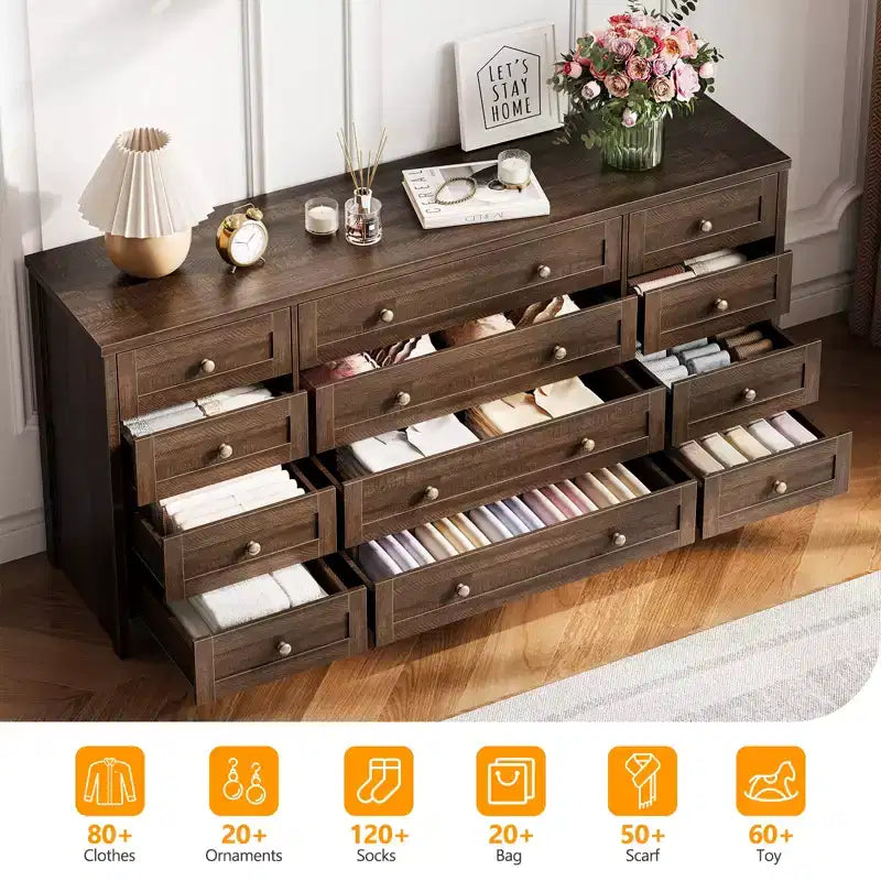 Cassettiere in legno resistenti con 12 cassetti, comò moderno per camera da letto, soggiorno o corridoio, mobile TV da 63" di larghezza per TV fino a 65"