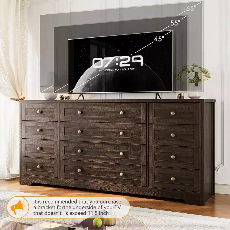 Cassettiere in legno resistenti con 12 cassetti, comò moderno per camera da letto, soggiorno o corridoio, mobile TV da 63" di larghezza per TV fino a 65"