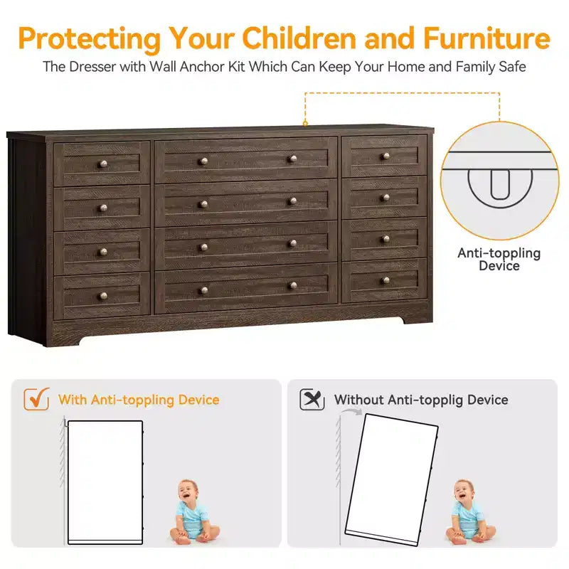 Cassettiere in legno resistenti con 12 cassetti, comò moderno per camera da letto, soggiorno o corridoio, mobile TV da 63" di larghezza per TV fino a 65"