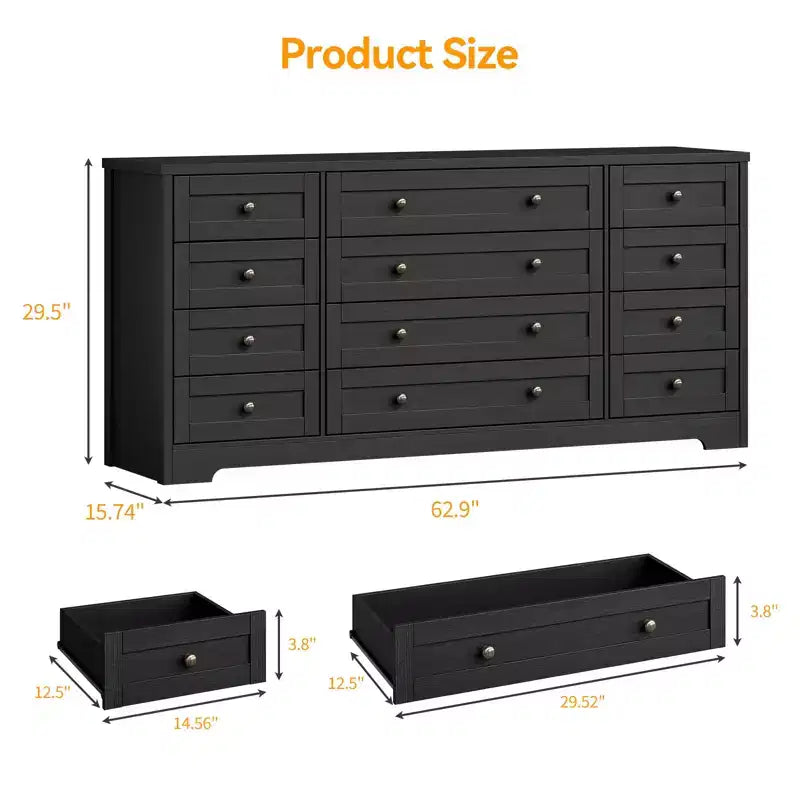 Cassettiere in legno resistenti con 12 cassetti, comò moderno per camera da letto, soggiorno o corridoio, mobile TV da 63" di larghezza per TV fino a 65"