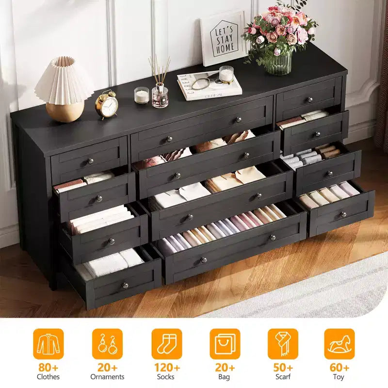 Cassettiere in legno resistenti con 12 cassetti, comò moderno per camera da letto, soggiorno o corridoio, mobile TV da 63" di larghezza per TV fino a 65"