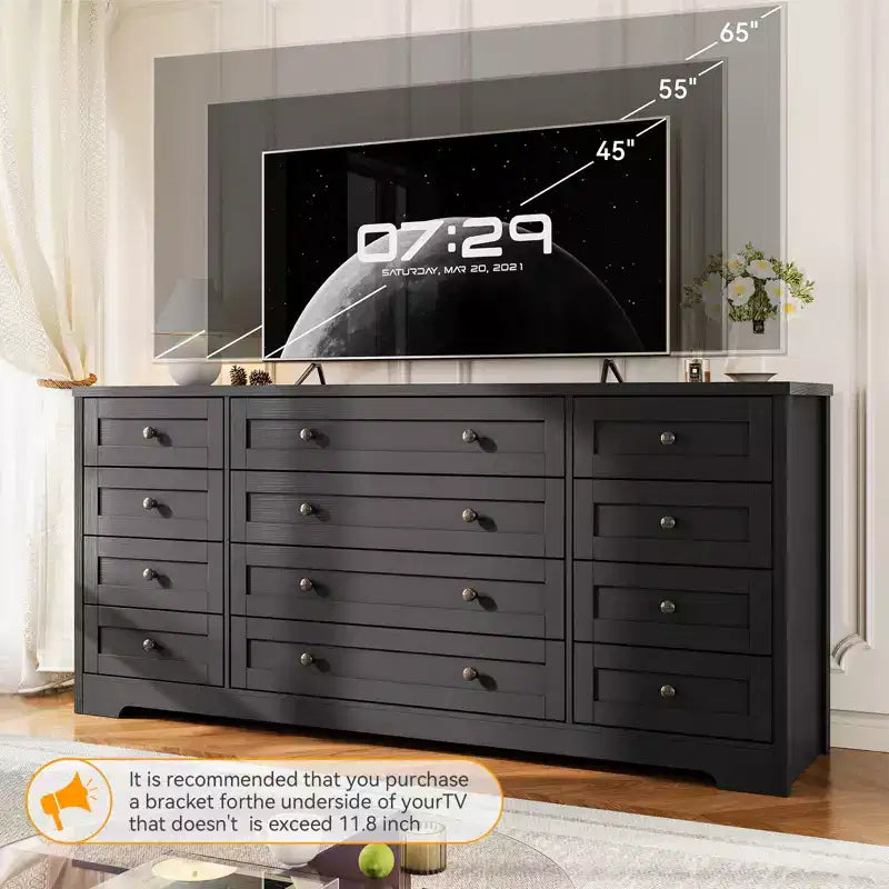 Cassettiere in legno resistenti con 12 cassetti, comò moderno per camera da letto, soggiorno o corridoio, mobile TV da 63" di larghezza per TV fino a 65"