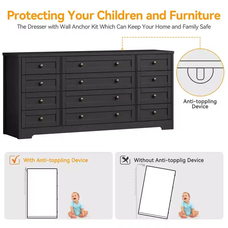 Cassettiere in legno resistenti con 12 cassetti, comò moderno per camera da letto, soggiorno o corridoio, mobile TV da 63" di larghezza per TV fino a 65"