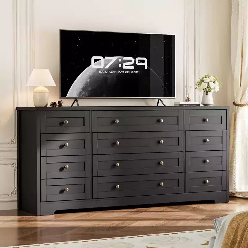 Cassettiere in legno resistenti con 12 cassetti, comò moderno per camera da letto, soggiorno o corridoio, mobile TV da 63" di larghezza per TV fino a 65"