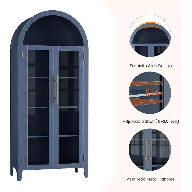 Mobiletto Contenitore ad Arco in Stile Rustico, Scaffale a 5 Ripiani, 2 Ante in Vetro, Ripiano Regolabile, Versatile Armadietto per Cucina, Sala da Pranzo, Soggiorno