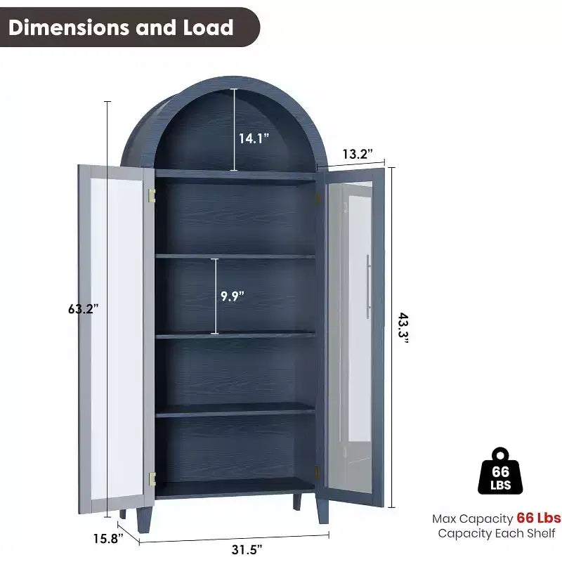 Mobiletto Contenitore ad Arco in Stile Rustico, Scaffale a 5 Ripiani, 2 Ante in Vetro, Ripiano Regolabile, Versatile Armadietto per Cucina, Sala da Pranzo, Soggiorno