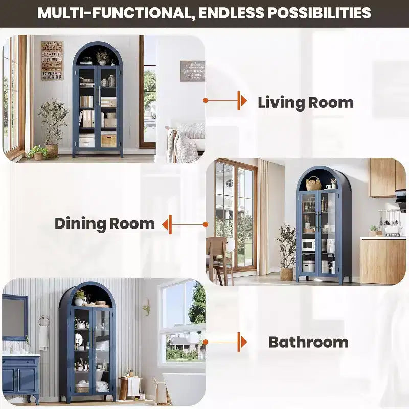 Mobiletto Contenitore ad Arco in Stile Rustico, Scaffale a 5 Ripiani, 2 Ante in Vetro, Ripiano Regolabile, Versatile Armadietto per Cucina, Sala da Pranzo, Soggiorno