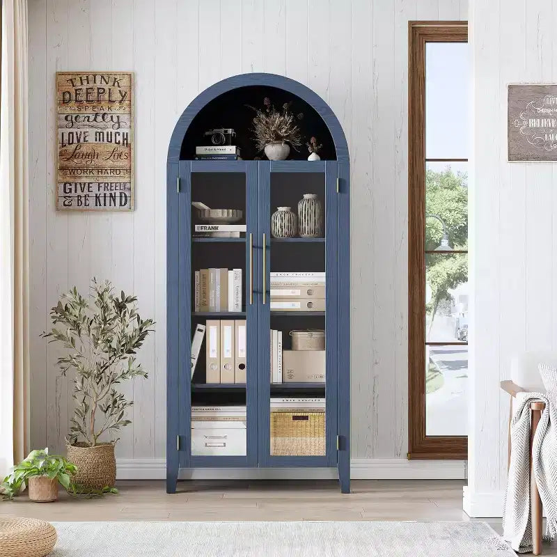 Mobiletto Contenitore ad Arco in Stile Rustico, Scaffale a 5 Ripiani, 2 Ante in Vetro, Ripiano Regolabile, Versatile Armadietto per Cucina, Sala da Pranzo, Soggiorno