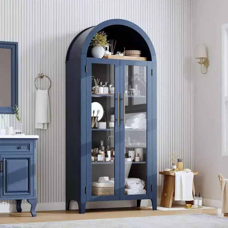 Mobiletto Contenitore ad Arco in Stile Rustico, Scaffale a 5 Ripiani, 2 Ante in Vetro, Ripiano Regolabile, Versatile Armadietto per Cucina, Sala da Pranzo, Soggiorno