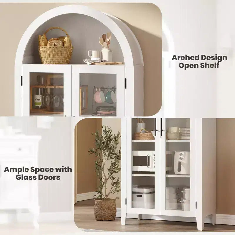 Mobiletto Contenitore ad Arco in Stile Rustico, Scaffale a 5 Ripiani, 2 Ante in Vetro, Ripiano Regolabile, Versatile Armadietto per Cucina, Sala da Pranzo, Soggiorno