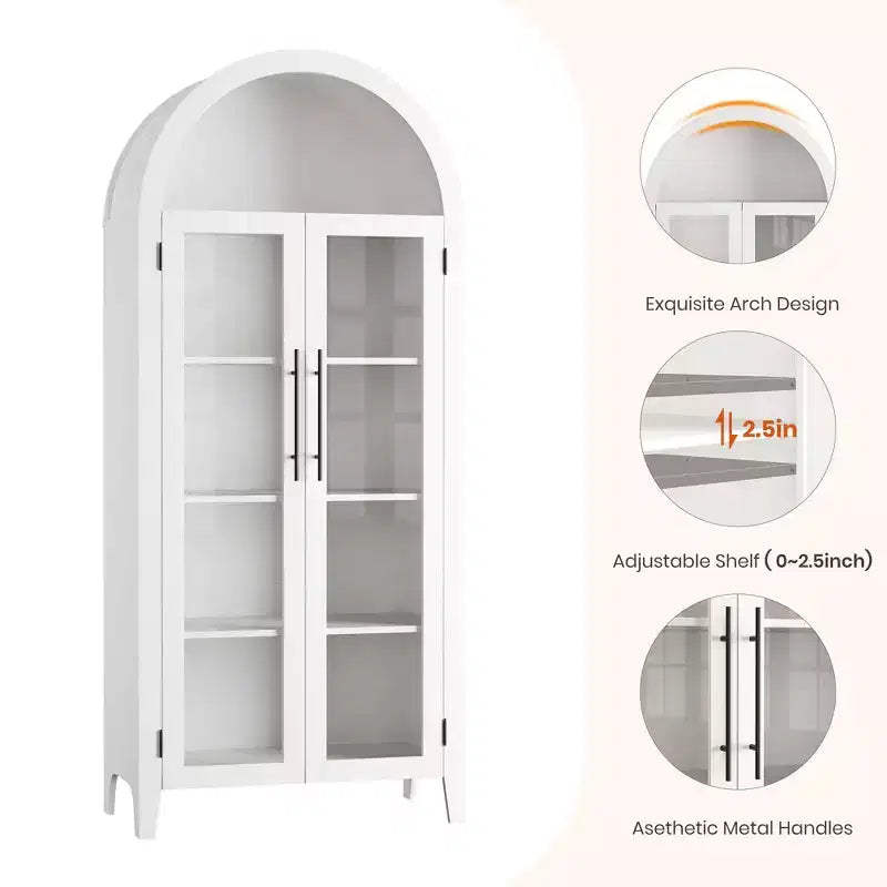 Mobiletto Contenitore ad Arco in Stile Rustico, Scaffale a 5 Ripiani, 2 Ante in Vetro, Ripiano Regolabile, Versatile Armadietto per Cucina, Sala da Pranzo, Soggiorno