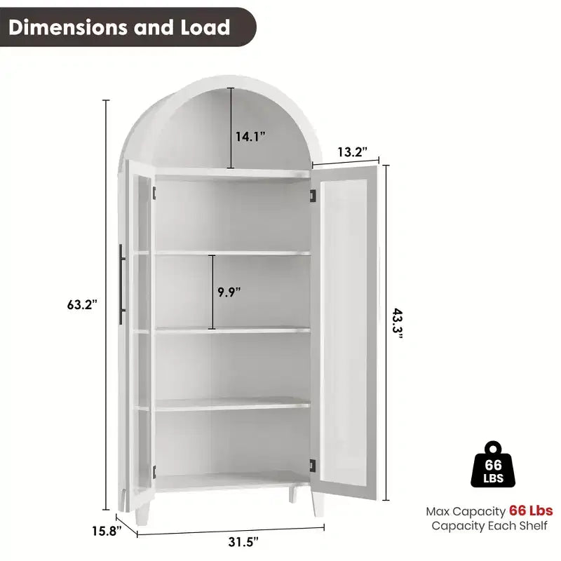 Mobiletto Contenitore ad Arco in Stile Rustico, Scaffale a 5 Ripiani, 2 Ante in Vetro, Ripiano Regolabile, Versatile Armadietto per Cucina, Sala da Pranzo, Soggiorno