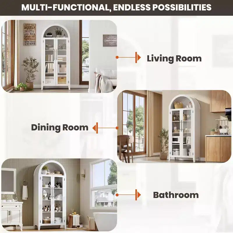 Mobiletto Contenitore ad Arco in Stile Rustico, Scaffale a 5 Ripiani, 2 Ante in Vetro, Ripiano Regolabile, Versatile Armadietto per Cucina, Sala da Pranzo, Soggiorno