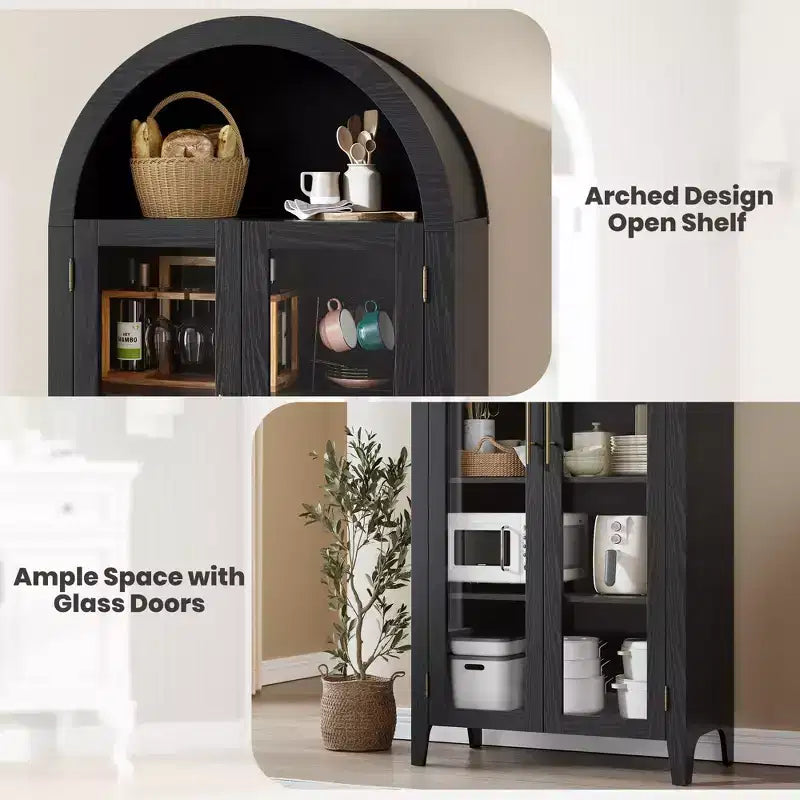 Mobiletto Contenitore ad Arco in Stile Rustico, Scaffale a 5 Ripiani, 2 Ante in Vetro, Ripiano Regolabile, Versatile Armadietto per Cucina, Sala da Pranzo, Soggiorno