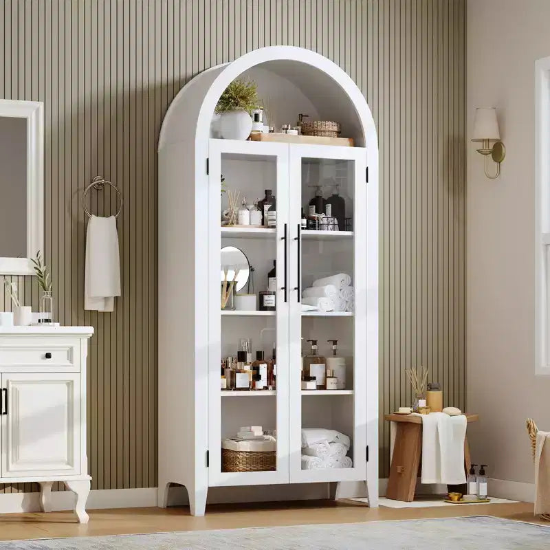 Mobiletto Contenitore ad Arco in Stile Rustico, Scaffale a 5 Ripiani, 2 Ante in Vetro, Ripiano Regolabile, Versatile Armadietto per Cucina, Sala da Pranzo, Soggiorno