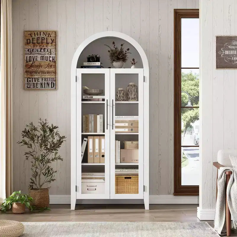 Mobiletto Contenitore ad Arco in Stile Rustico, Scaffale a 5 Ripiani, 2 Ante in Vetro, Ripiano Regolabile, Versatile Armadietto per Cucina, Sala da Pranzo, Soggiorno